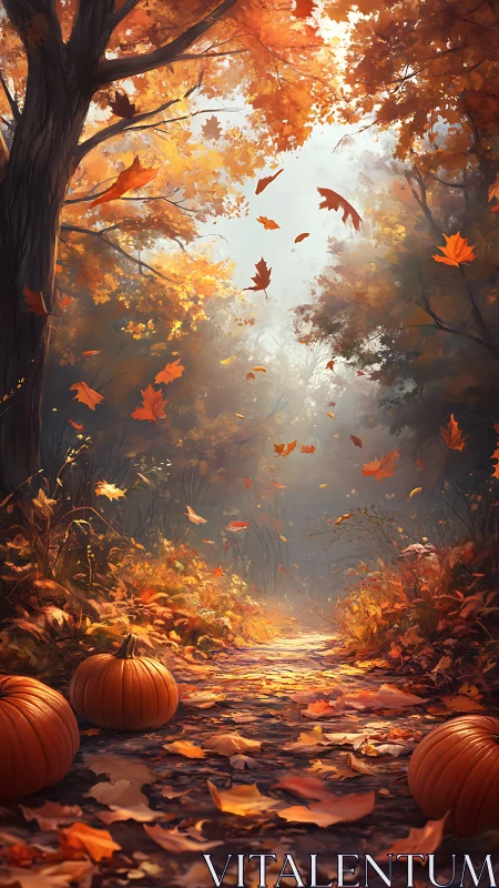 Autumn Forest Path with Falling Leaves and Pumpkins