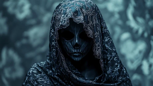 Veiled specter in embroidered midnight shroud of silence.