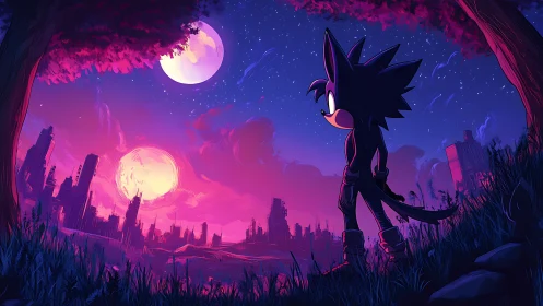 Anthropomorphic figure observing dual moons over ruins.