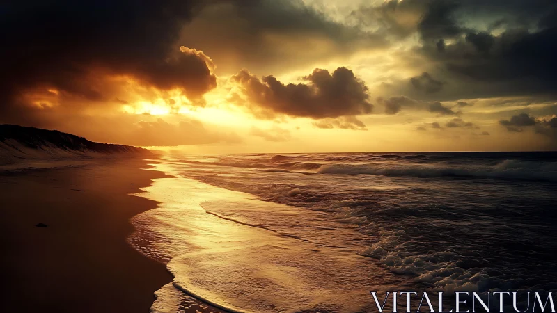 Golden tides under a stormy, soul-soothing sunset sky.