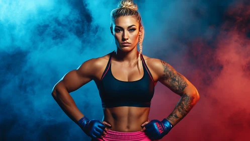 Female MMA fighter stands in front of blue and red smoke