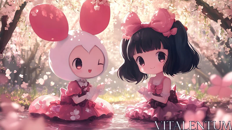Two stylized characters sit under cherry blossoms in water