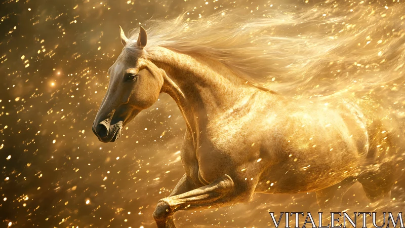 Golden equine figure in motion amid luminous particles.