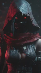 Hooded masked figure in dark leather armor with red light.