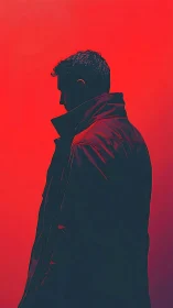 Solitary figure in high collar coat against neon red field.