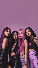 Four women pose against uniform purple backdrop in studio