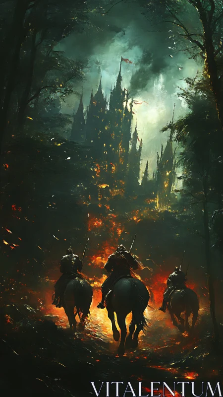 Armored riders advance toward a burning gothic fortress through forest