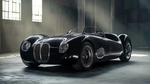 Sleek vintage roadster rests in dramatic warehouse light