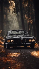 Vintage black coupe is stationary on a forest dirt road