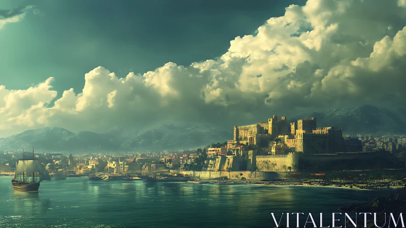 Coastal fortified city with harbor and mountains under clouds