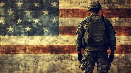 Battleworn soldier before weathered American flag wall.