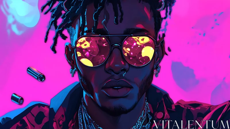 Neon cyberpunk portrait with reflective visor optics and bullets.