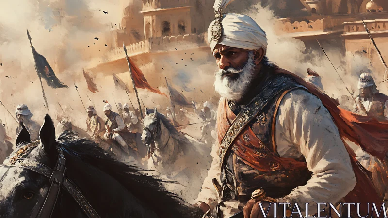 Battle-hardened cavalry commander leads charge through dust and flame