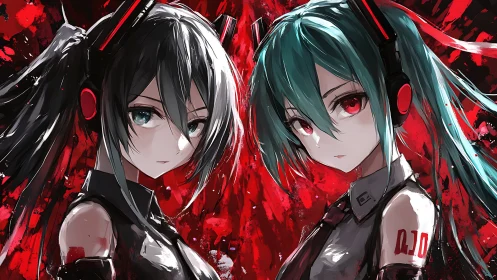 Twin cyber divas standing strong in a storm of red paint.