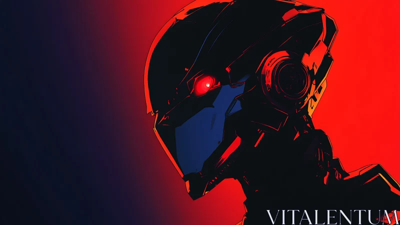 Cybernetic android profile in red-blue contrast lighting.