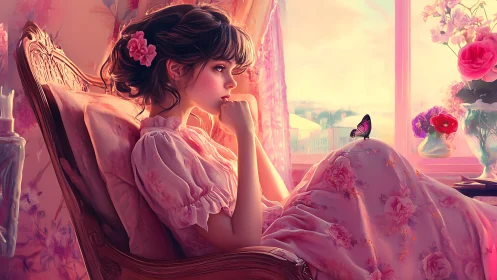 Windowlit daydreamer in rose chiffon with patient butterfly.