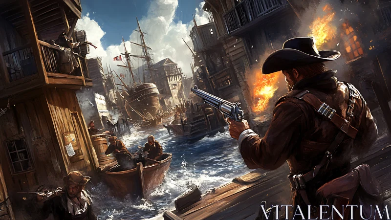 Gunfighter standoff in burning colonial harbor street, high detail