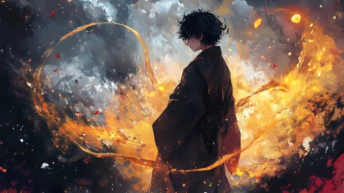 Fiery robed figure encircled by swirling golden embers.