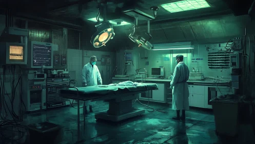 Cyberpunk surgical theater with eerily lit operating table