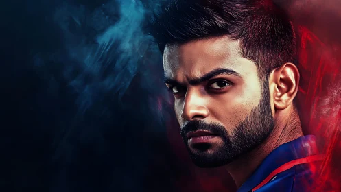 Portrait shows intense male face lit by red and blue smoke