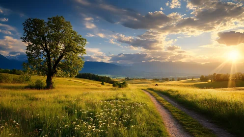 Golden country lane glowing softly in the evening sun.