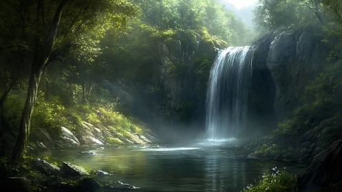 Verdant Cascade: Where Sunlight Dances Through Ancient Forest.