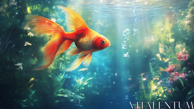Golden fish swimming through sunlit underwater scene.