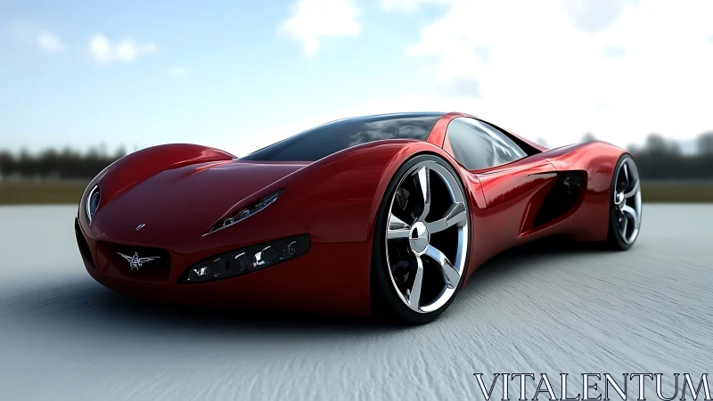 Red futuristic supercar renders reflect low-angle track lighting