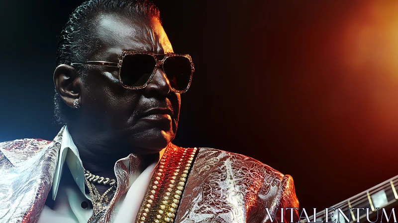 Blues guitarist in metallic suit under warm stage lights.