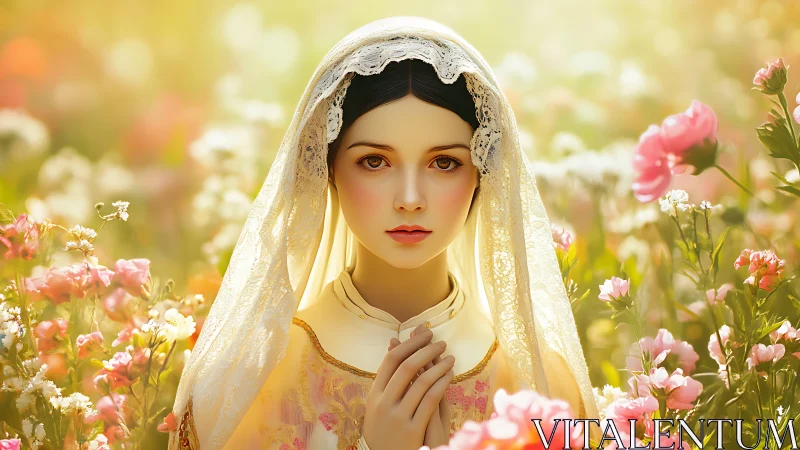 Soft light surrounds a serene veiled woman in spring blooms
