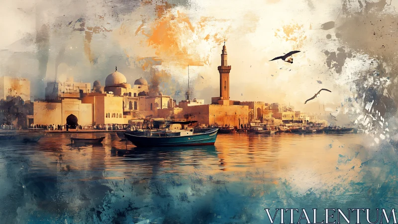 Golden harbor city glows softly beside calm reflective waters