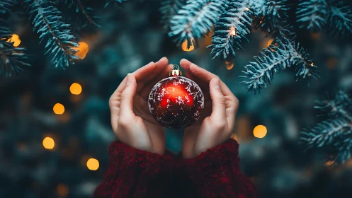 Snow-dusted red ornament cradled in winter-twilight hands.