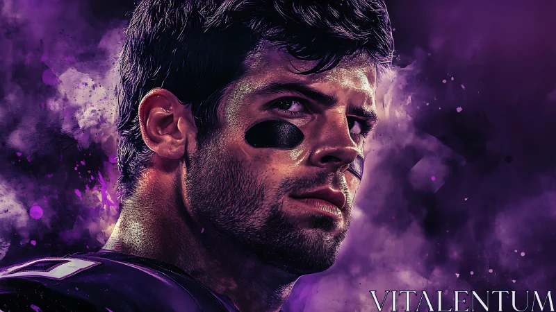 Intense football portrait amid electric purple haze backdrop.