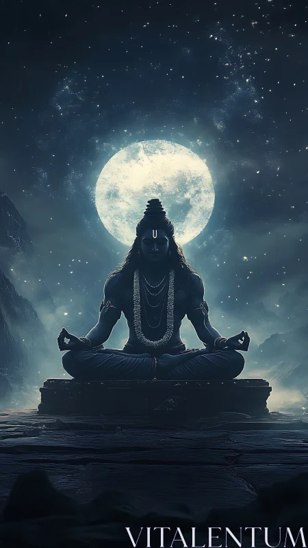 Digital painting of meditative deity silhouetted by lunar halo.