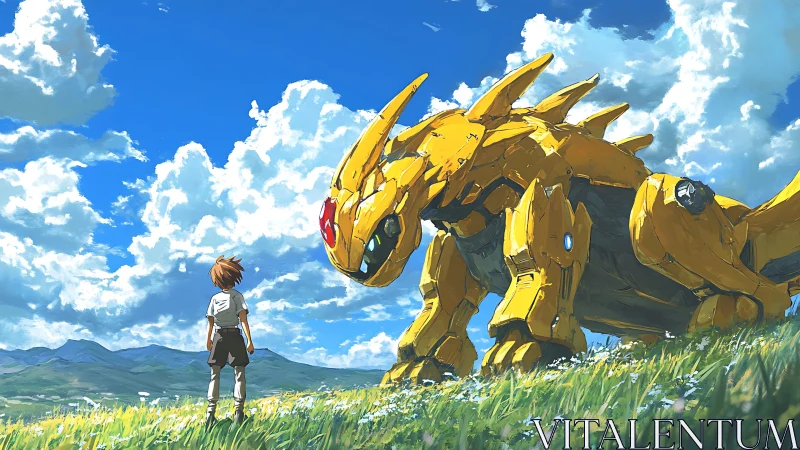 Boy faces large yellow mechanical creature on grassy hill