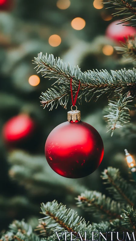 Red Christmas ornament hangs on evergreen tree branch outdoors