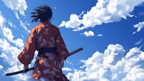Anime samurai silhouette under expansive cloud-swept sky.