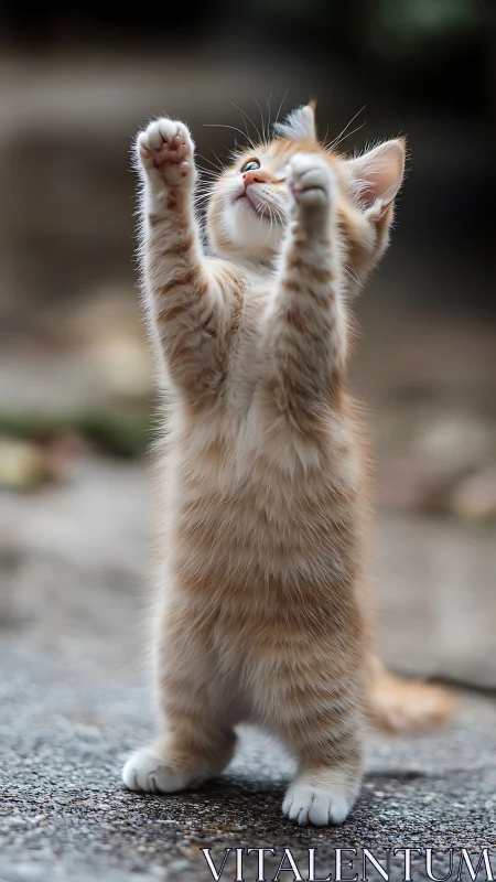 Orange and white kitten reaching skyward with paws extended.
