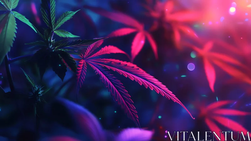 Dreamy neon leaves glowing in soft pink and blue night light.