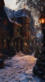 Snowlit village lane wrapped in nostalgic Christmas glow.