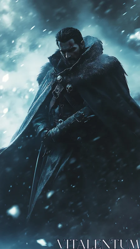 Brooding ice warrior in heavy fur cloak amid blizzard.