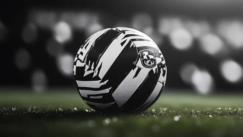 Bold black and white soccer ball waiting on glowing turf field.