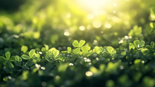 Sunlit clover leaves form a shallow field under soft bokeh