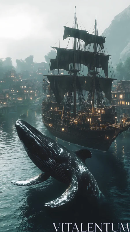 Breaching whale intersects lantern‑lit galleon in foggy harbor