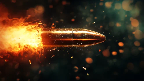 Shining bullet streaks through fire and sparks in motion.