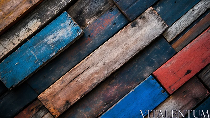 Weathered multicolored wooden planks in diagonal layout.
