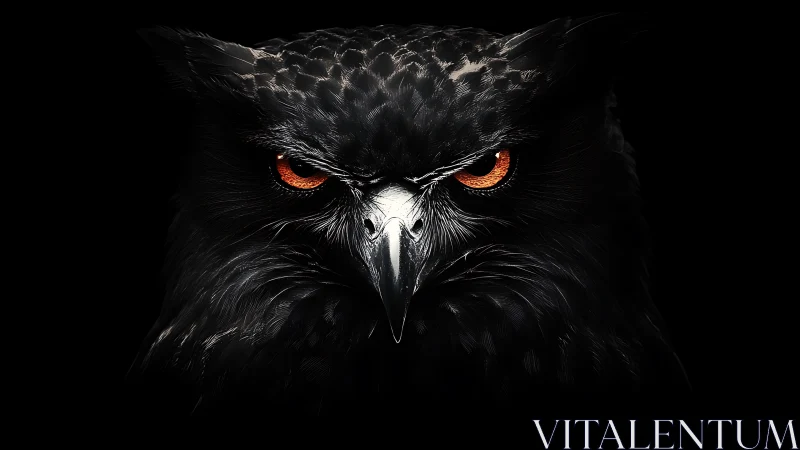 Piercing ember-eyed owl gazes out from deep velvet shadows