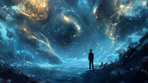 Silhouetted observer under bioluminescent cosmic tidal sky