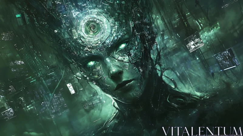 Cybernetic AI entity emerges from a neon data abyss