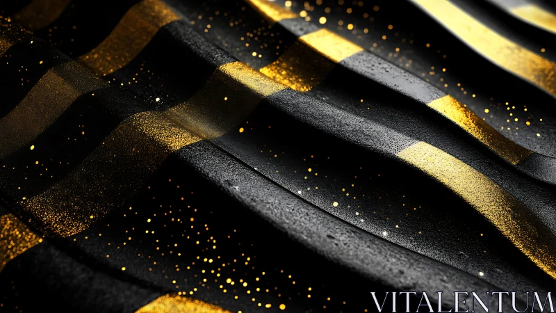 Black textured waves with metallic gold bands and particles.
